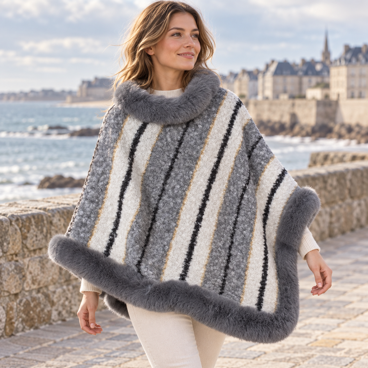 Poncho Fourrure Rayure – Gris / Adulte, visuel principal lifestyle