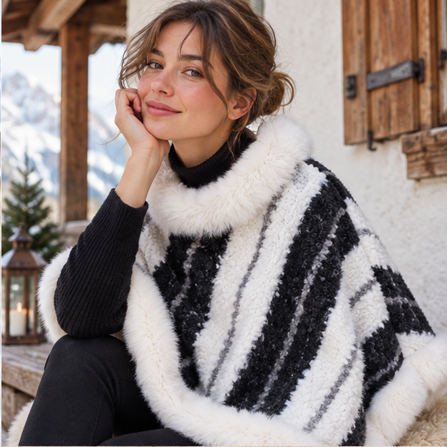 Poncho Fourrure Rayure – Blanc / Adulte, dans un intérieur côtier lumineux