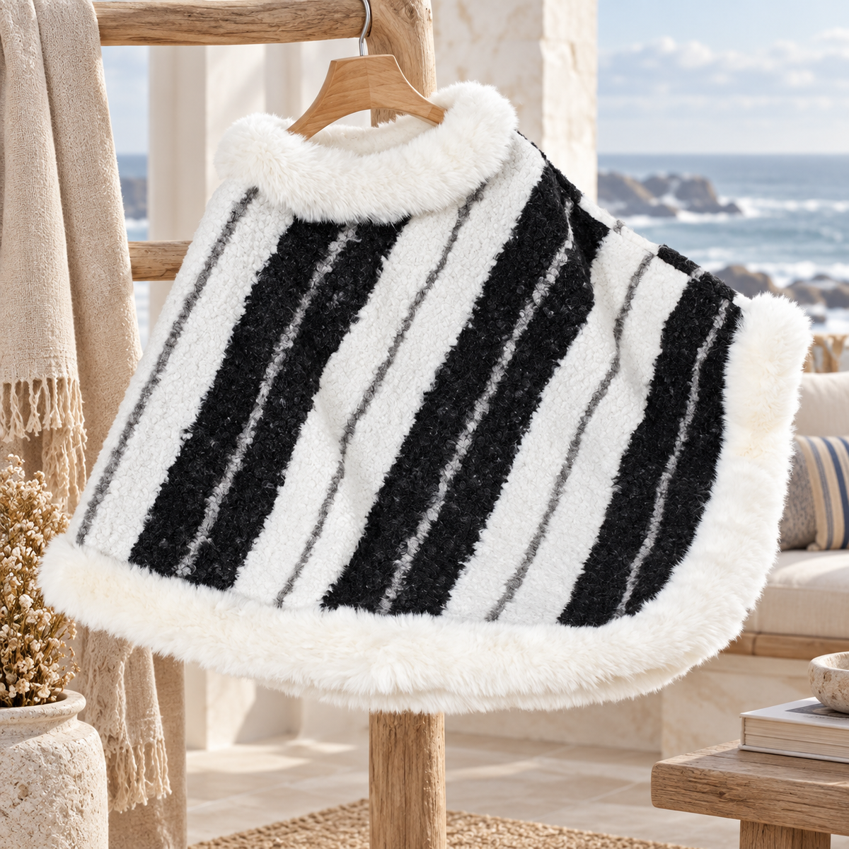 Poncho Fourrure Rayure – Blanc / Adulte, visuel principal lifestyle