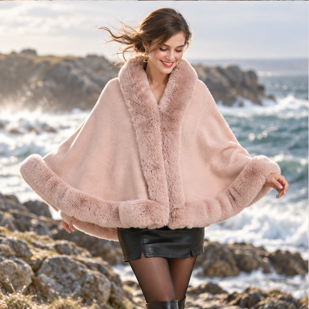 Poncho Fourrure Rose – Rose / Adulte, porté en mouvement au bord de l’océan