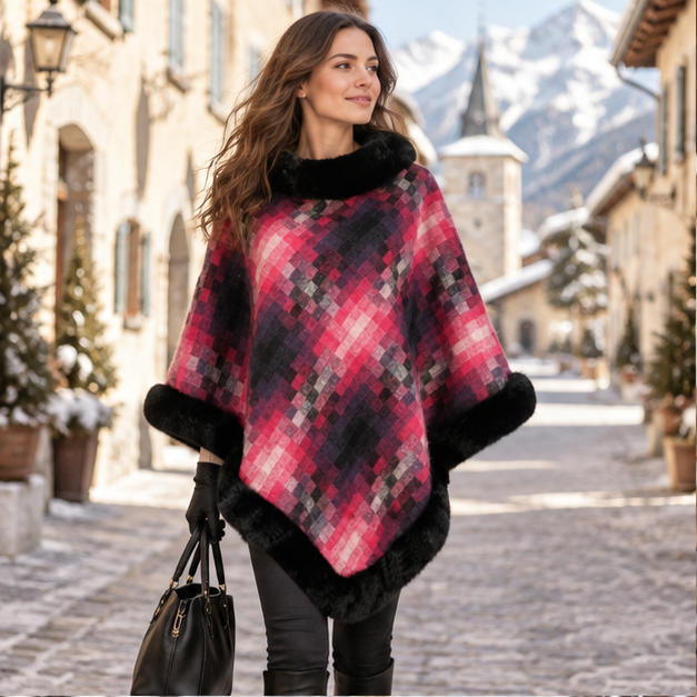 Poncho Fourrure Rouge – Rouge / Adulte, en situation sur la côte Atlantique