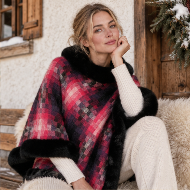 Poncho Fourrure Rouge – Rouge / Adulte, dans un intérieur côtier lumineux