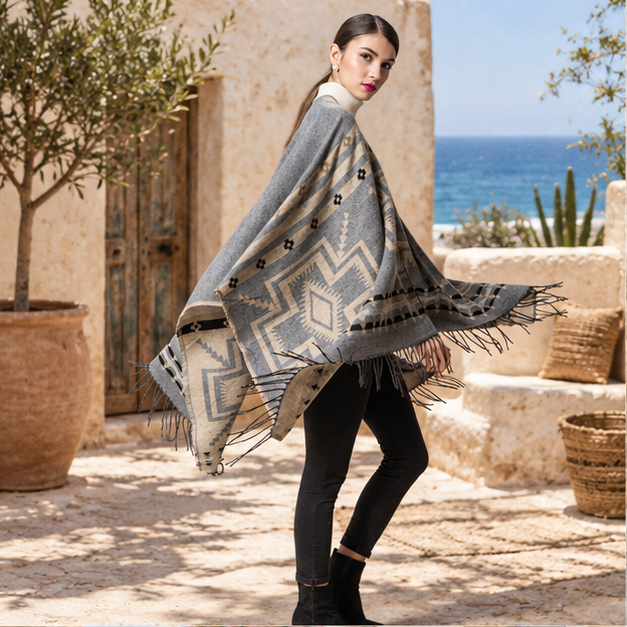 Poncho Gris Motifs Croix Mexicaine – Gris / Adulte, en situation sur la côte Atlantique