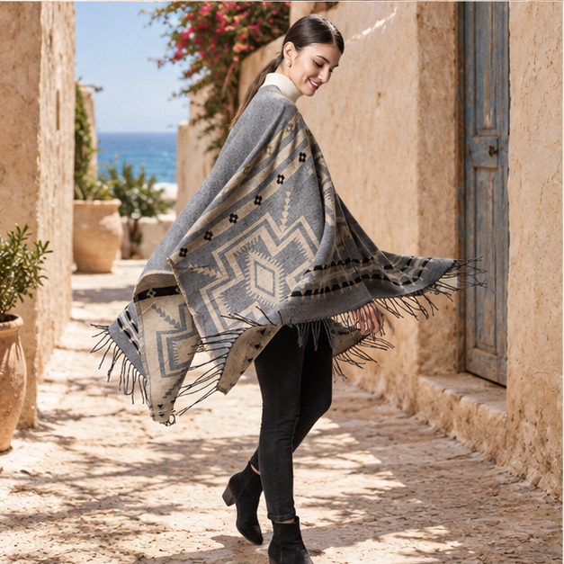 Poncho Gris Motifs Croix Mexicaine – Gris / Adulte, porté en mouvement au bord de l’océan