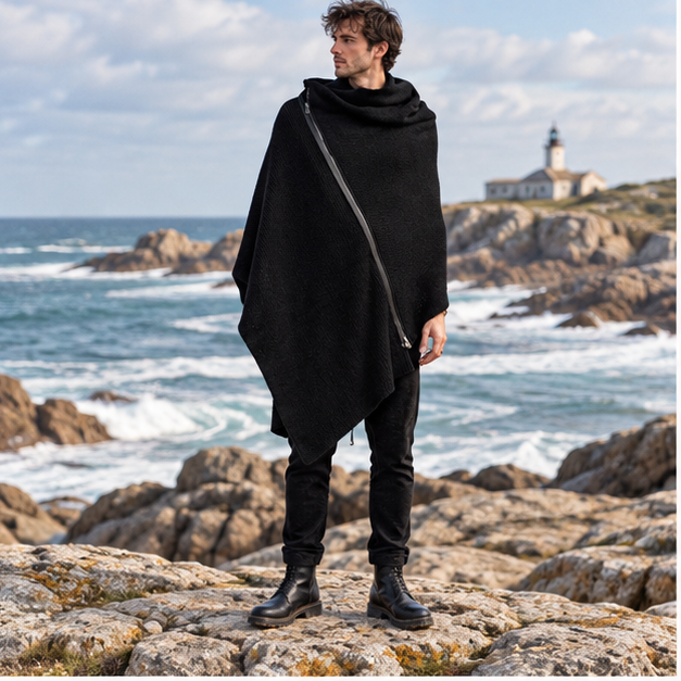 Poncho Homme Zip – Noir / S, Noir / M, Noir / L, Noir / XL, Noir / XXL, Noir / XXXL, Noir / 4XL, Noir / 5XL, en situation…