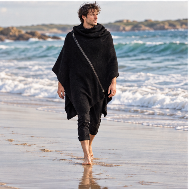 Poncho Homme Zip – Noir / S, Noir / M, Noir / L, Noir / XL, Noir / XXL, Noir / XXXL, Noir / 4XL, Noir / 5XL, porté en mouv…