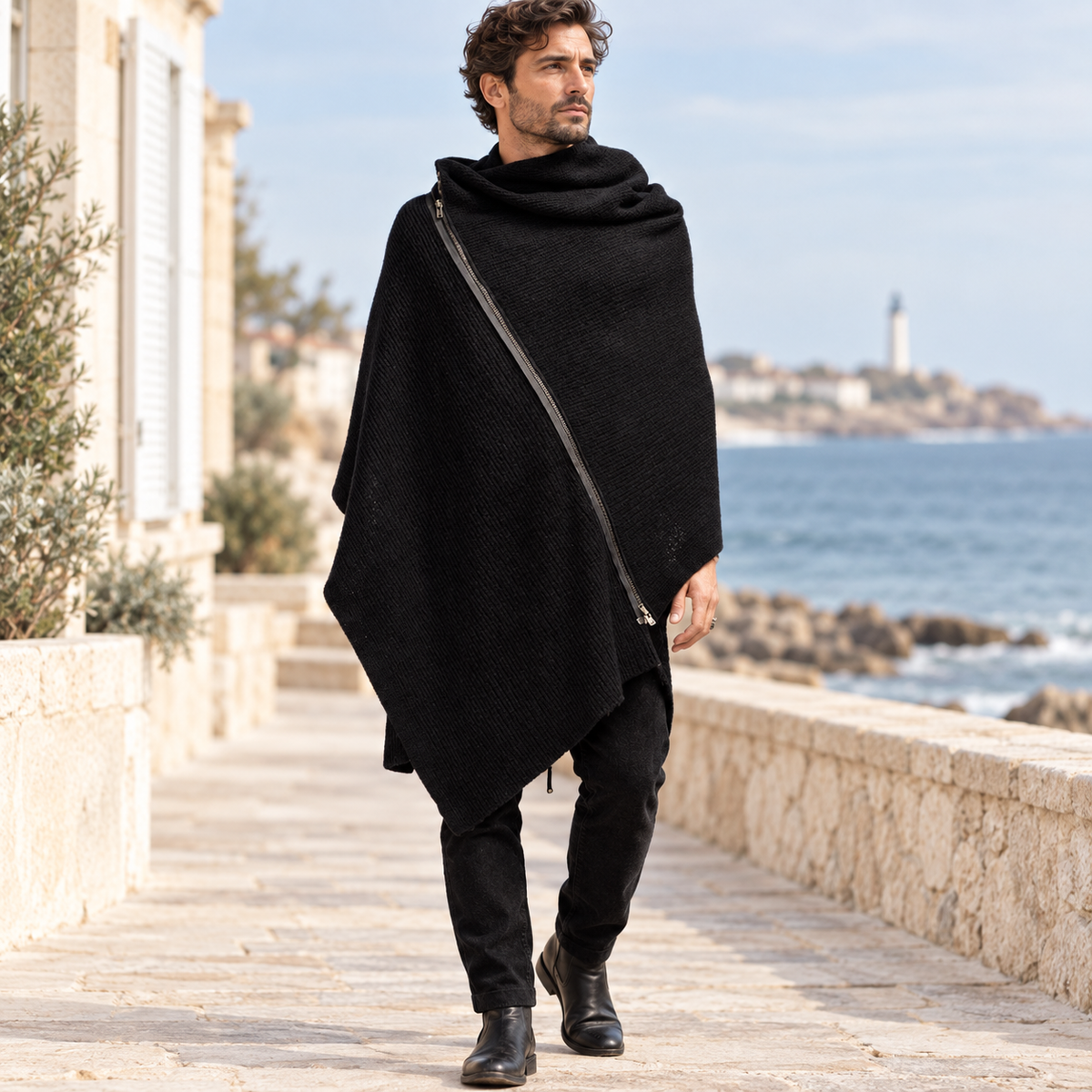 Poncho Homme Zip – Noir / S, Noir / M, Noir / L, Noir / XL, Noir / XXL, Noir / XXXL, Noir / 4XL, Noir / 5XL, visuel princi…