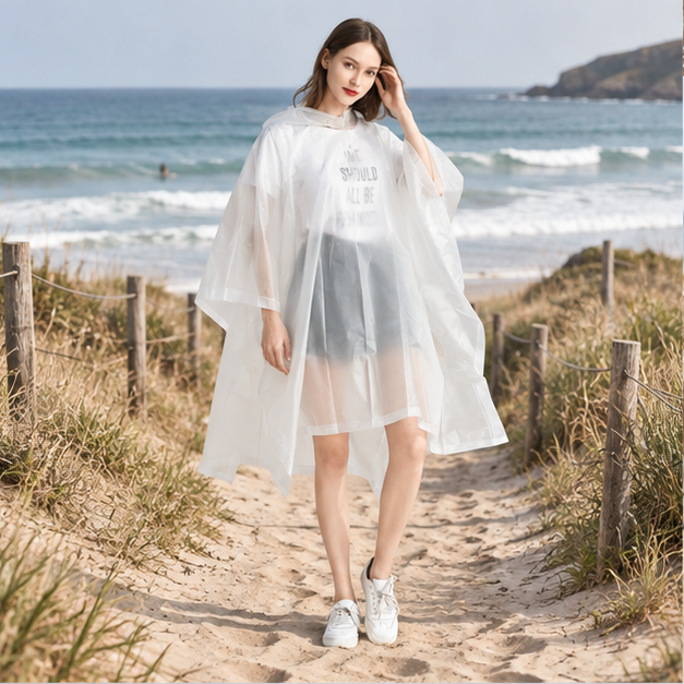 Poncho Imperméable Blanc – Blanc / Adulte, en situation sur la côte Atlantique