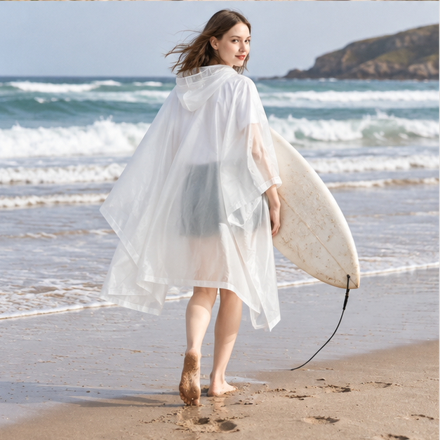 Poncho Imperméable Blanc – Blanc / Adulte, porté en mouvement au bord de l’océan