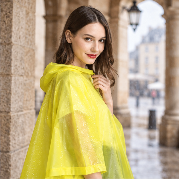 Poncho Imperméable Jaune – Jaune / Adulte, dans un intérieur côtier lumineux