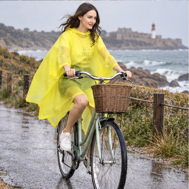 Poncho Imperméable Jaune – Jaune / Adulte, porté en mouvement au bord de l’océan