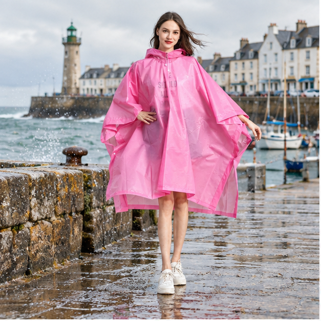 Poncho Imperméable Rose – Rose / Adulte, en situation sur la côte Atlantique