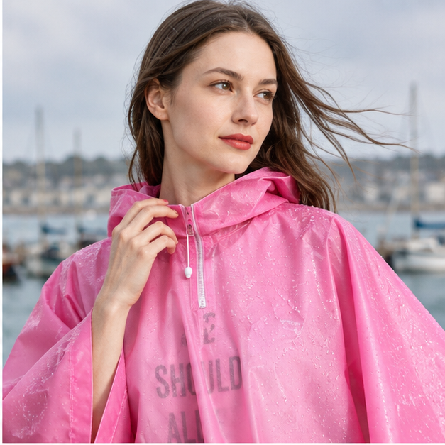 Poncho Imperméable Rose – Rose / Adulte, dans un intérieur côtier lumineux