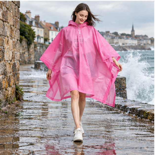 Poncho Imperméable Rose – Rose / Adulte, porté en mouvement au bord de l’océan