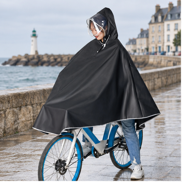 Poncho Imperméable Vélo Bandes Réfléchissantes – Noir / Adulte, en situation sur la côte Atlantique