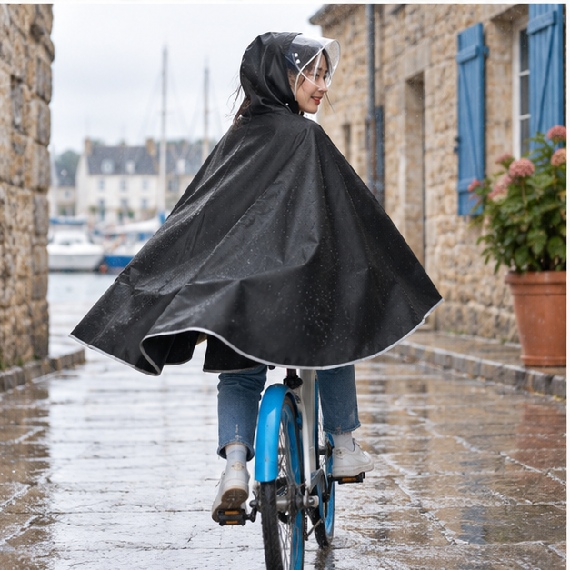 Poncho Imperméable Vélo Bandes Réfléchissantes – Noir / Adulte, porté en mouvement au bord de l’océan