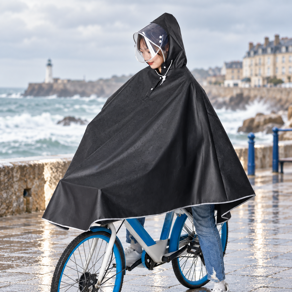Poncho Imperméable Vélo Bandes Réfléchissantes – Noir / Adulte, visuel principal lifestyle