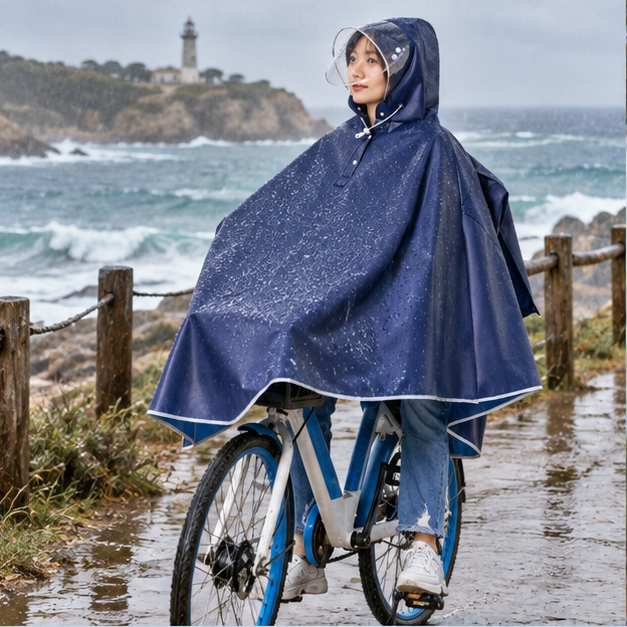 Poncho Imperméable Vélo Bandes Réfléchissantes – Bleu Marine / Adulte, en situation sur la côte Atlantique