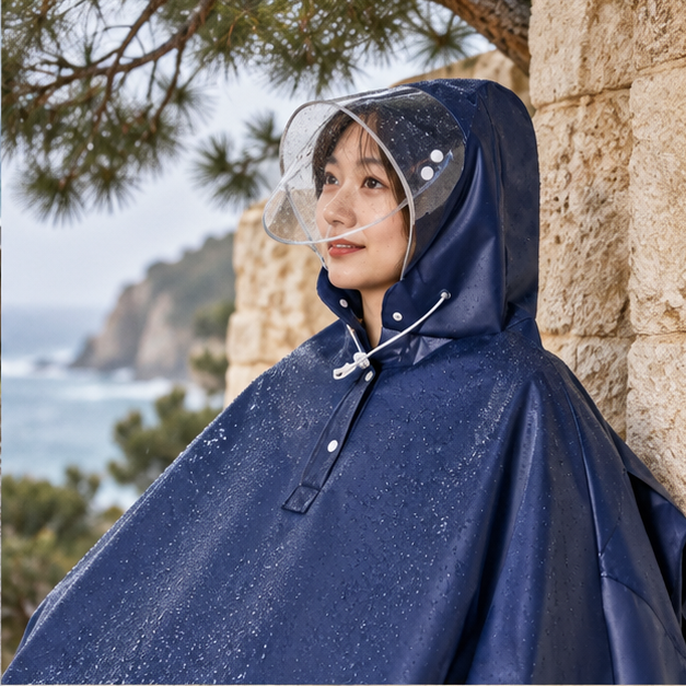 Poncho Imperméable Vélo Bandes Réfléchissantes – Bleu Marine / Adulte, dans un intérieur côtier lumineux