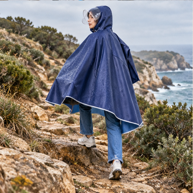 Poncho Imperméable Vélo Bandes Réfléchissantes – Bleu Marine / Adulte, porté en mouvement au bord de l’océan