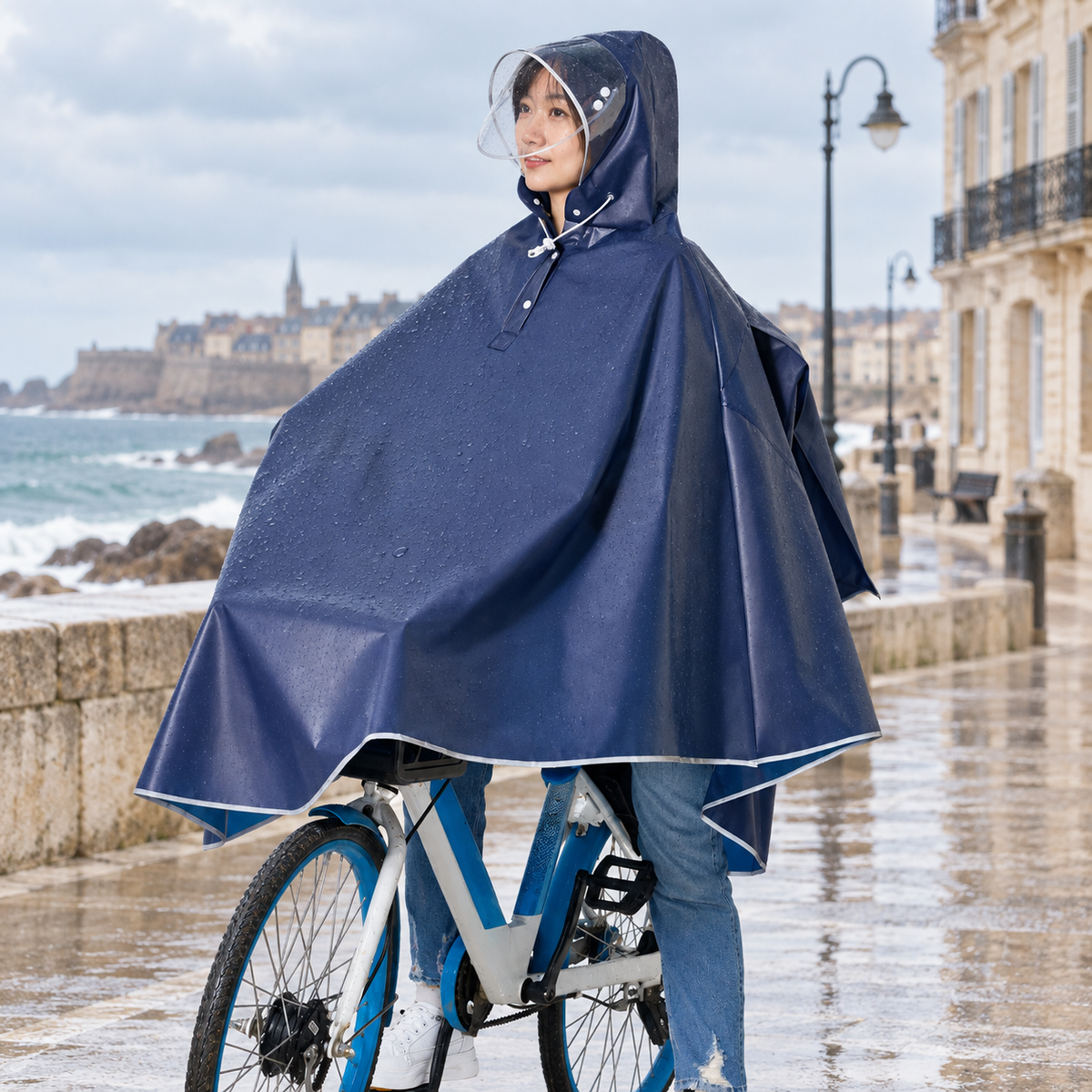 Poncho Imperméable Vélo Bandes Réfléchissantes – Bleu Marine / Adulte, visuel principal lifestyle