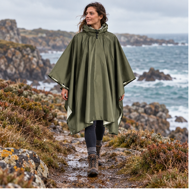 Poncho Kaki Imperméable Randonnée – Kaki / Adulte, en situation sur la côte Atlantique