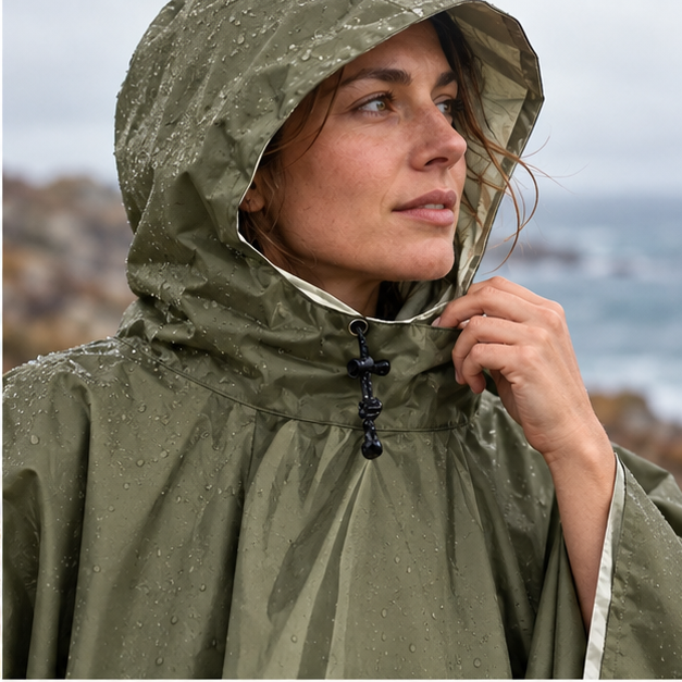Poncho Kaki Imperméable Randonnée – Kaki / Adulte, dans un intérieur côtier lumineux