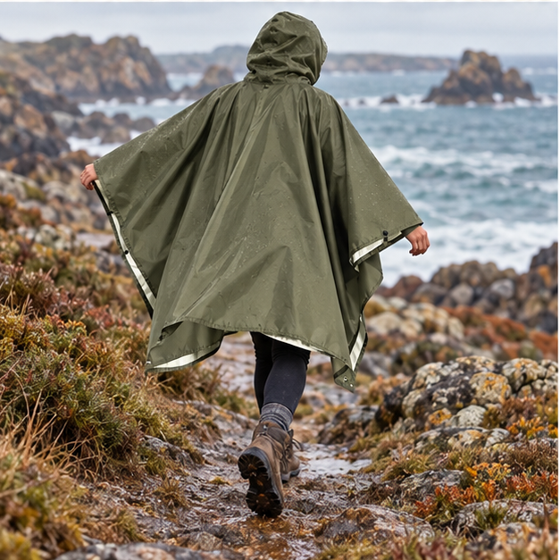 Poncho Kaki Imperméable Randonnée – Kaki / Adulte, porté en mouvement au bord de l’océan