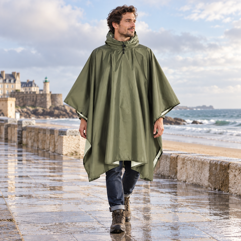 Poncho Kaki Imperméable Randonnée – Kaki / Adulte, visuel principal lifestyle