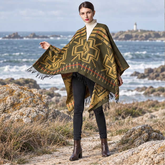 Poncho Kaki Motif Croix Mexicaine – Kaki / Adulte, en situation sur la côte Atlantique