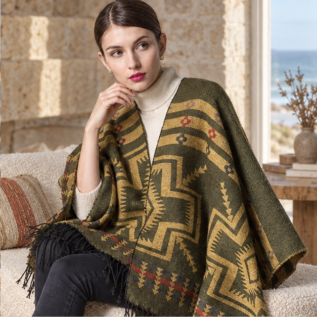 Poncho Kaki Motif Croix Mexicaine – Kaki / Adulte, dans un intérieur côtier lumineux