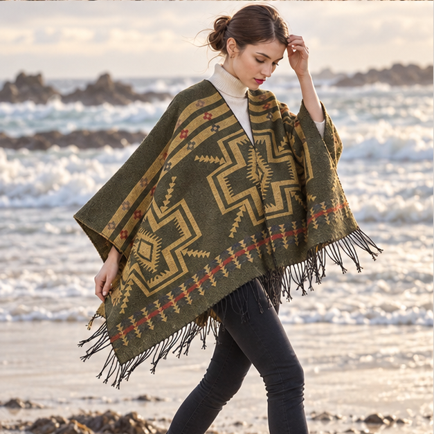 Poncho Kaki Motif Croix Mexicaine – Kaki / Adulte, porté en mouvement au bord de l’océan