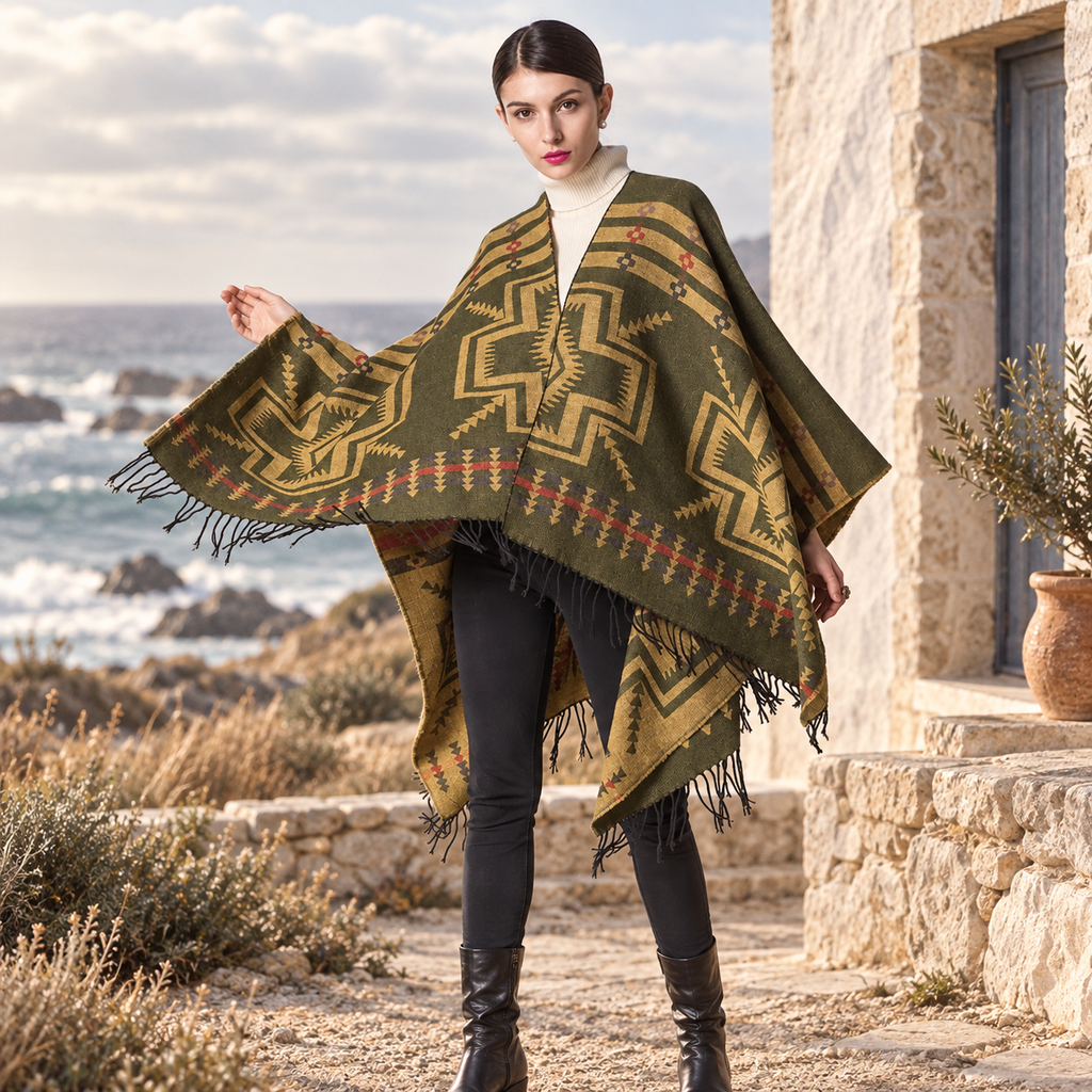 Poncho Kaki Motif Croix Mexicaine – Kaki / Adulte, visuel principal lifestyle