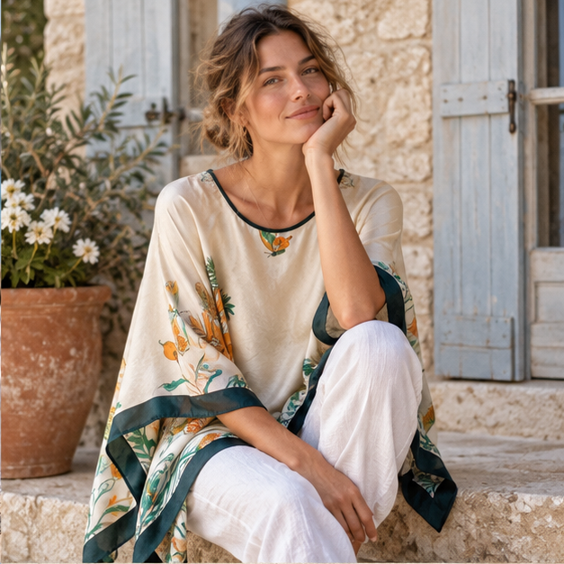 Poncho Léger Femme – Blanc / Unique, dans un intérieur côtier lumineux
