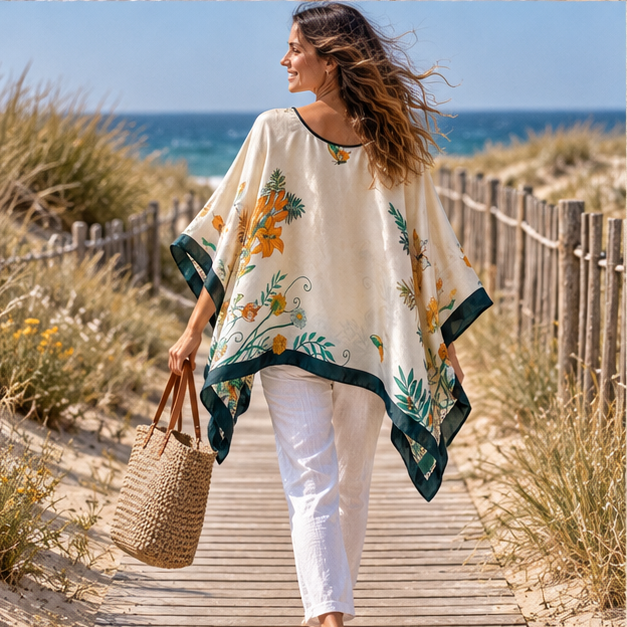 Poncho Léger Femme – Blanc / Unique, porté en mouvement au bord de l’océan