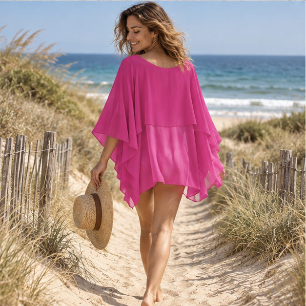 Poncho Léger Femme Été – Rose / Adulte, porté en mouvement au bord de l’océan