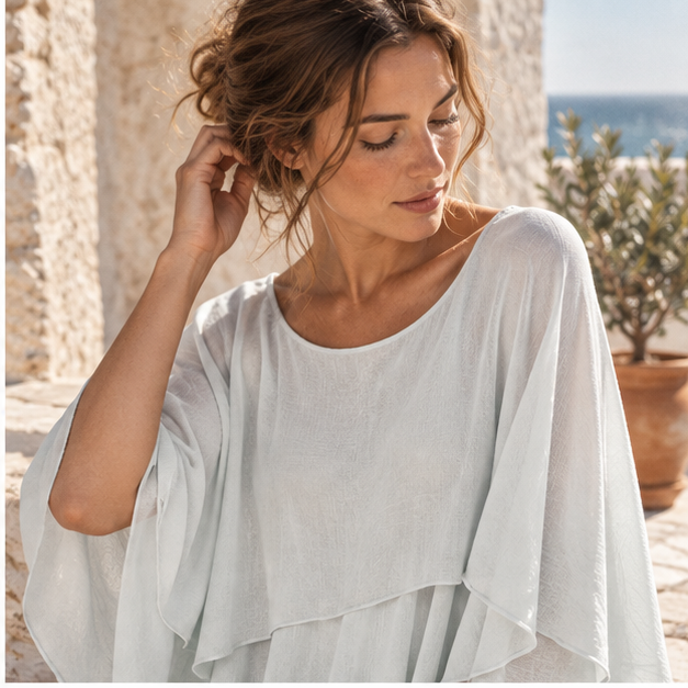 Poncho Léger Femme Été – Gris / Adulte, dans un intérieur côtier lumineux