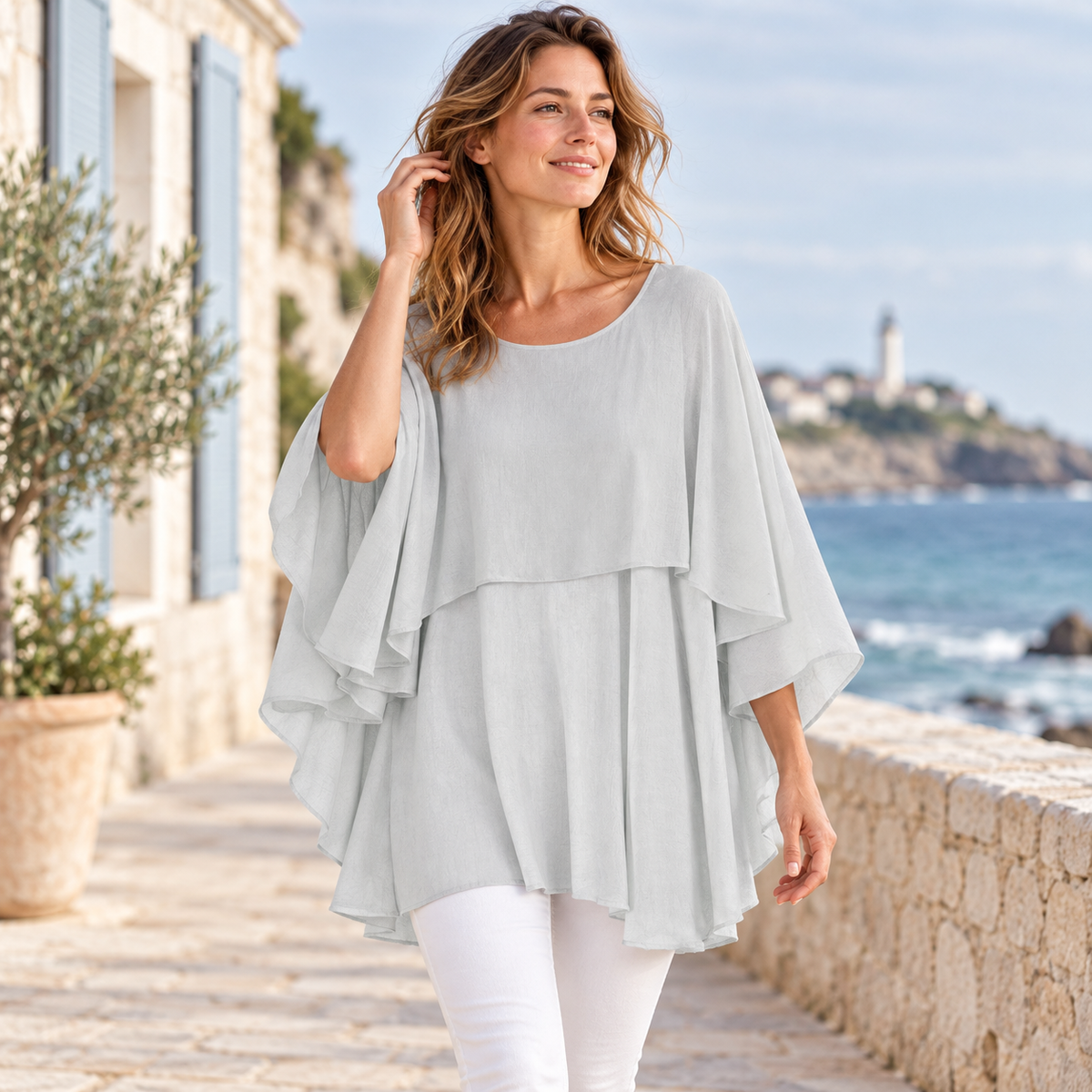 Poncho Léger Femme Été – Gris / Adulte, visuel principal lifestyle