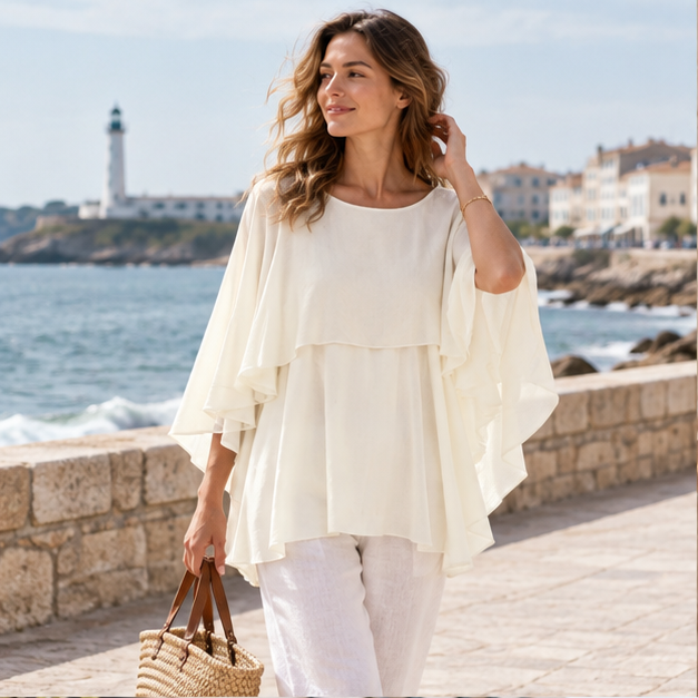 Poncho Léger Femme Été – Beige / Adulte, en situation sur la côte Atlantique