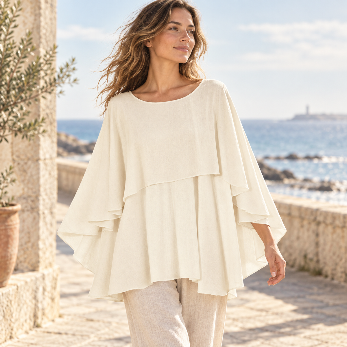 Poncho Léger Femme Été – Beige / Adulte, visuel principal lifestyle