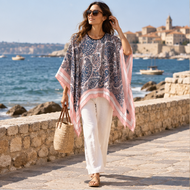 Poncho Léger Femme Motifs Floraux Bleu et Rose – Bleu / Adulte, en situation sur la côte Atlantique