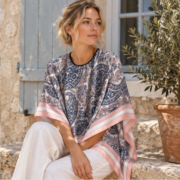 Poncho Léger Femme Motifs Floraux Bleu et Rose – Bleu / Adulte, dans un intérieur côtier lumineux