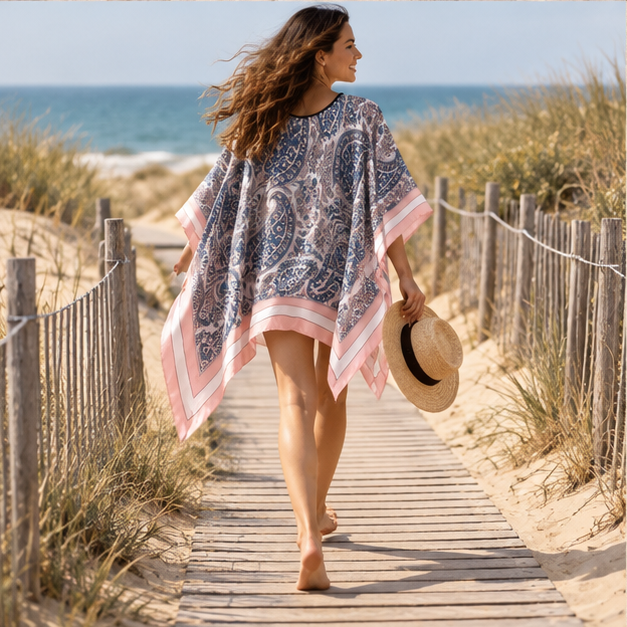 Poncho Léger Femme Motifs Floraux Bleu et Rose – Bleu / Adulte, porté en mouvement au bord de l’océan
