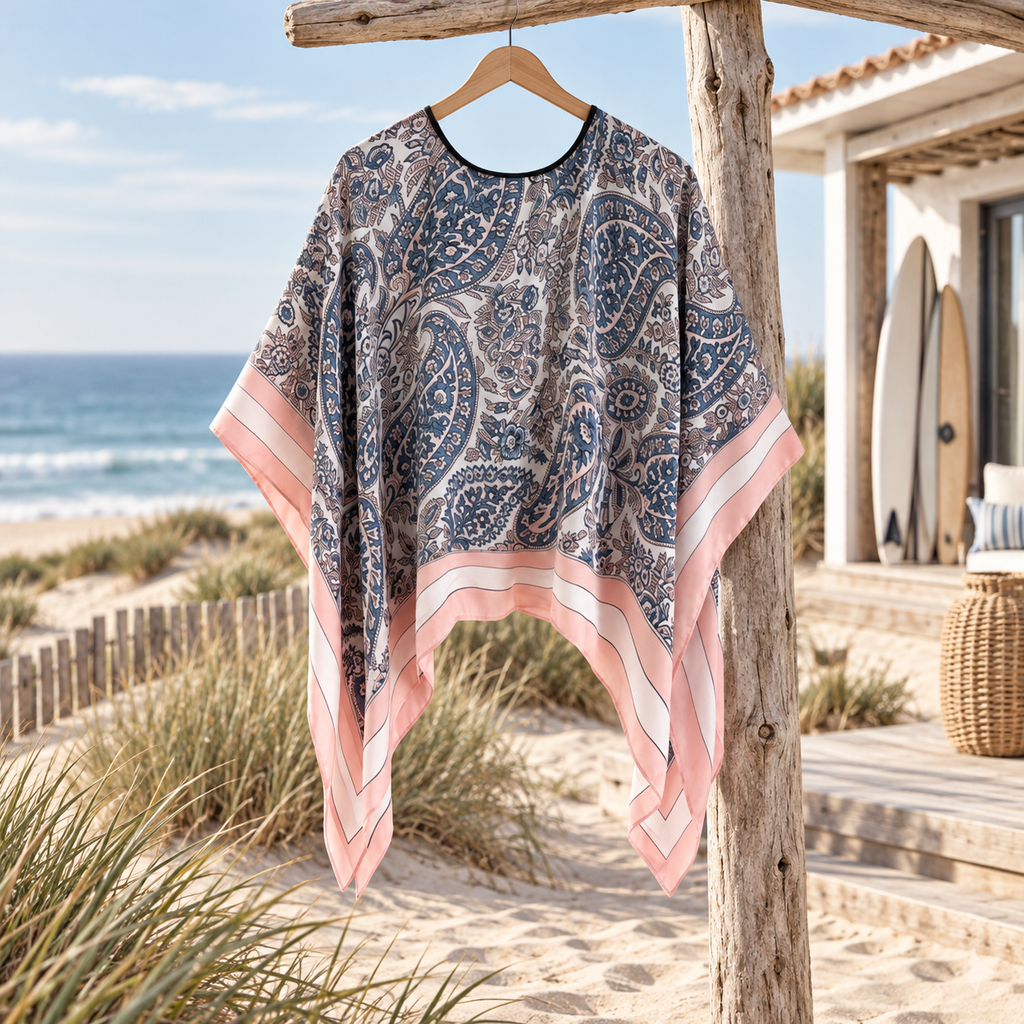 Poncho Léger Femme Motifs Floraux Bleu et Rose – Bleu / Adulte, visuel principal lifestyle