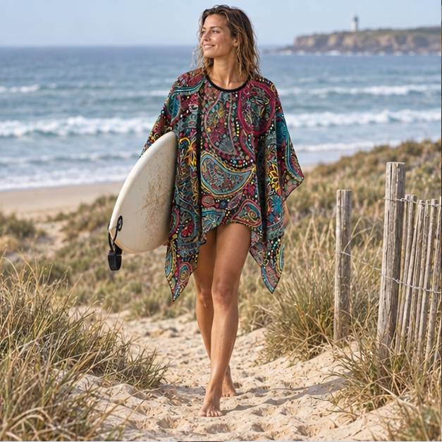 Poncho Léger Femme Multicolore – Rose / Adulte, en situation sur la côte Atlantique