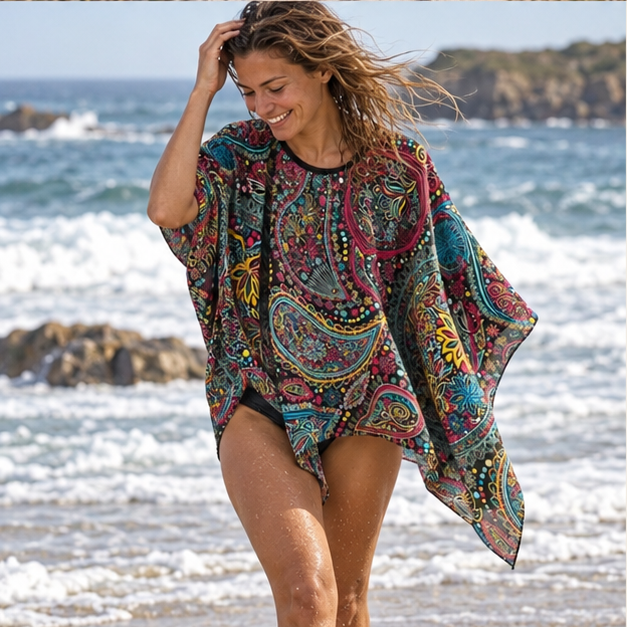 Poncho Léger Femme Multicolore – Rose / Adulte, porté en mouvement au bord de l’océan