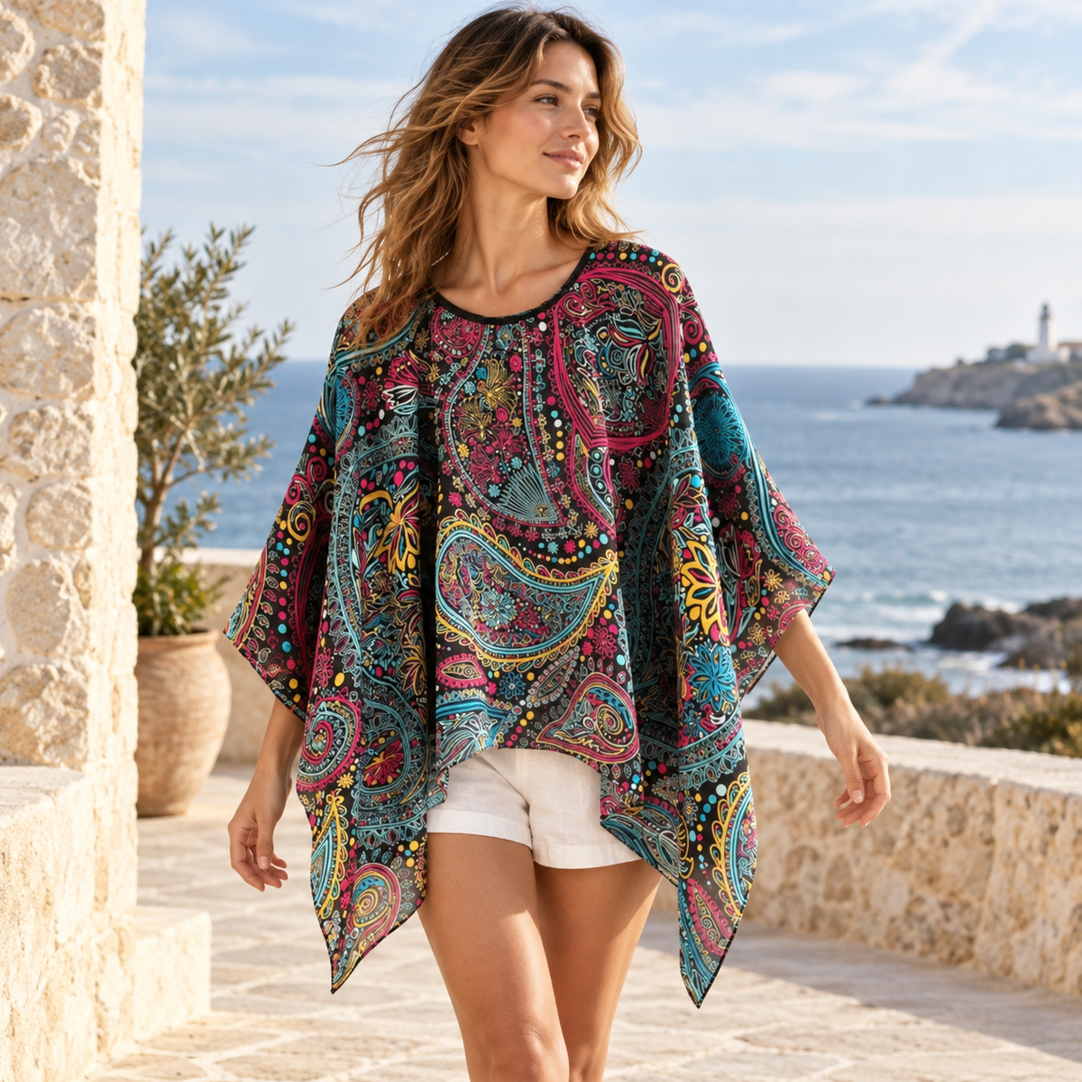 Poncho Léger Femme Multicolore – Rose / Adulte, visuel principal lifestyle