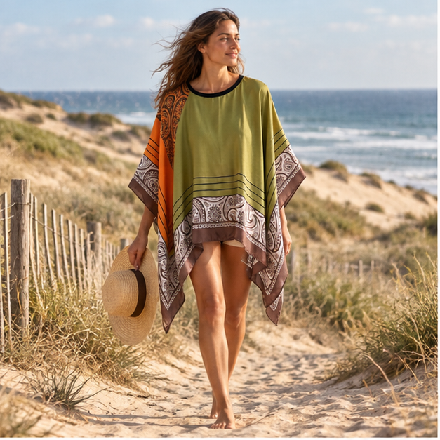 Poncho Léger Femme Style Bandana – Vert / Adulte, en situation sur la côte Atlantique