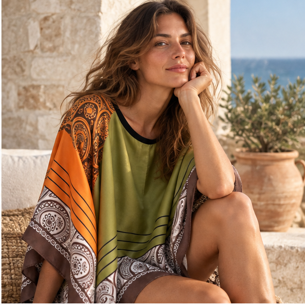 Poncho Léger Femme Style Bandana – Vert / Adulte, dans un intérieur côtier lumineux