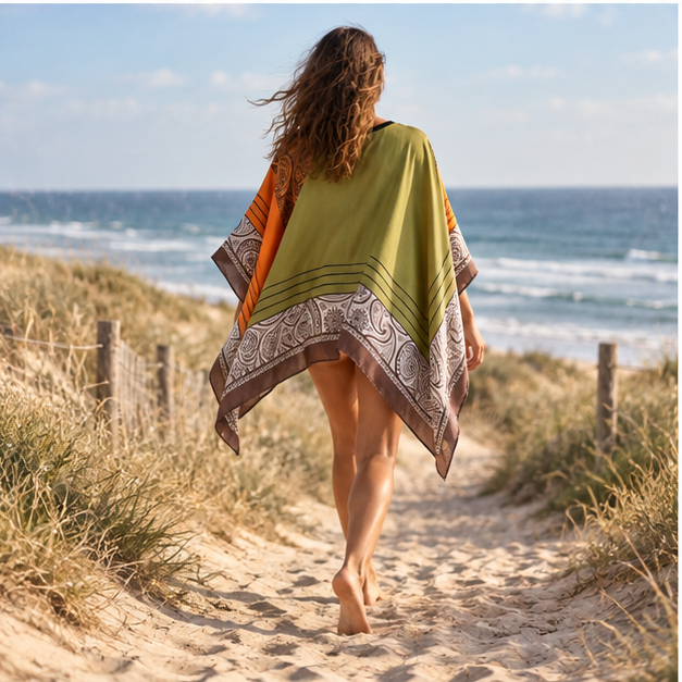 Poncho Léger Femme Style Bandana – Vert / Adulte, porté en mouvement au bord de l’océan